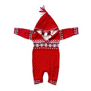 Hanna Anderson Nordic Fair Isle Sweater Hooded Red Romper Baby 3-6 Months